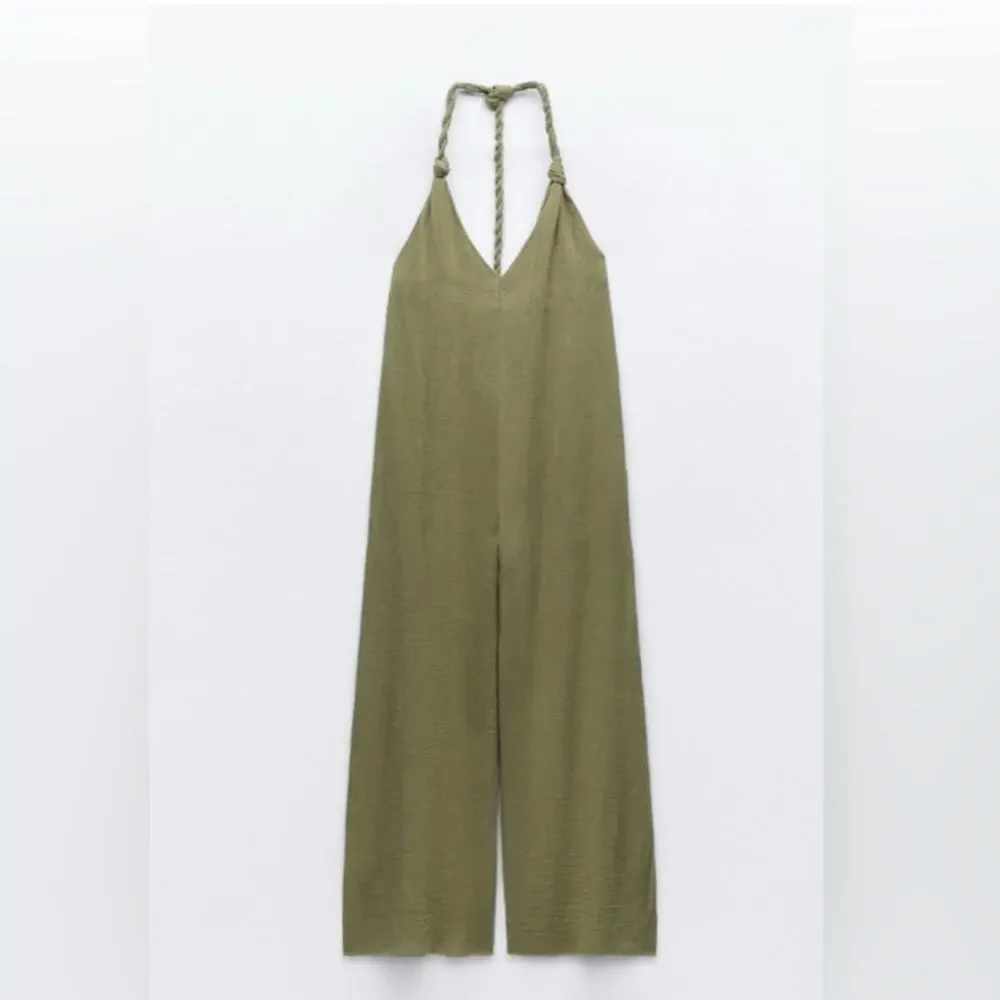 Nwt- ZARA- WOVEN STRAP PALAZZO JUMPSUIT-100% Linen-M
